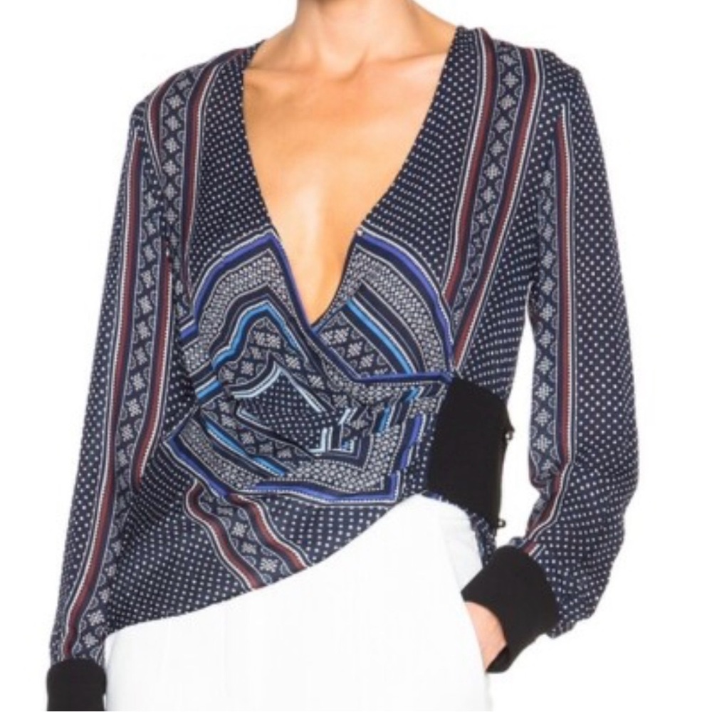 DEREK LAM 10 CROSBY Blouse Top Wrap Print Blue Size: 2 100% Silk